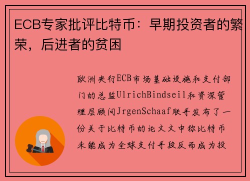 ECB专家批评比特币：早期投资者的繁荣，后进者的贫困